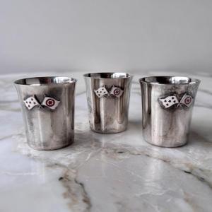 Set Of 3 Small Serling 970 Silver Cups With Enameled Flags, 20th Century