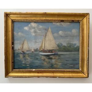 Watercolor Depicting A Regatta At Gâchet By Cormerais, 1930