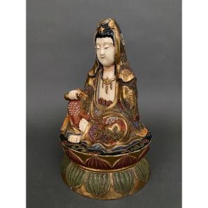 Satsuma Buddha, Japan, 20th Century, Gold Highlights, Signed In Red Ink 