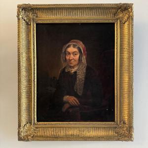 Late 19th-century Portrait Depicting A Woman With A Headdress And Lace 