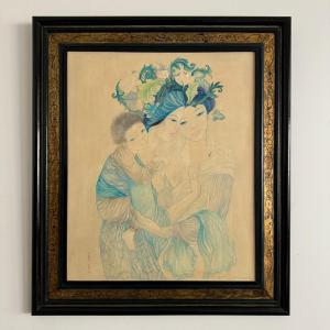 Silk Painting The Motherhood 1970 By Tran-long 20th Century