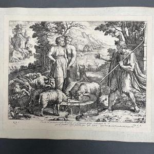 17th-century Engraving: Jacob Meets Rachel At The Well. N. Chaperon P. II Mariette