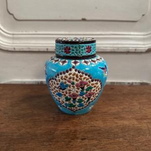 Covered Pot In Longwy Enamel With Floral And Butterfly Decoration, 19th Century