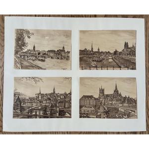 Series Of 4 Drawings By A. Blattner Zurich Lausanne 20th Century 