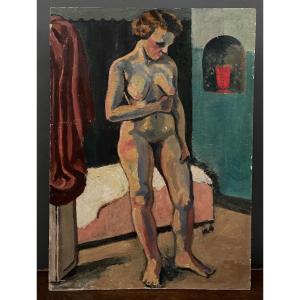 Nude Woman, Interior Scene, Oil On Panel, 1930, B. De Chateau Thierry 