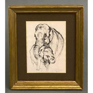 Drawing By Josef Woldemar Keller-kühne, Elephants, 20th Century, The Baby
