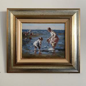 Oil On Canvas By Francis Cristaux, Mother And Child On The Beach, 20th Century 
