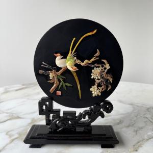 Japanese Lacquered Disc On Its Display Stand, Decorated With Birds
