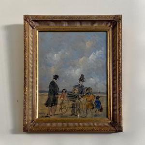 Gouache On Cardboard By Henri Saint-clair (1899-1990), Beach Scene