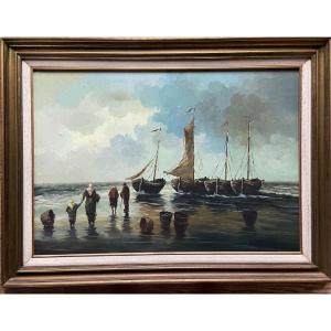G. Bernaut, Oil On Canvas, Fishing Boats, Fishermen With Child, 1930