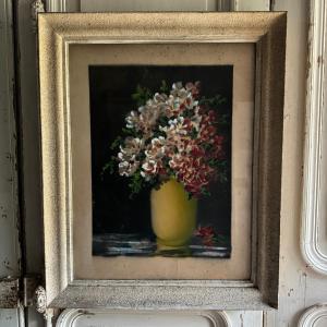 Watercolor On Paper, Still Life, Bouquet Of Flowers, Yellow Vase, 20th Century, Devilliers