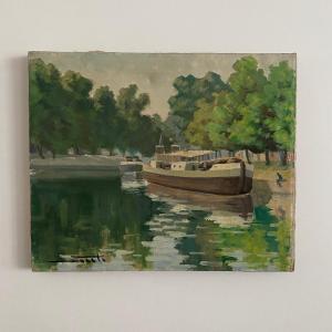 Oil On Canvas, 20th Century, Barge On The Banks Of The Erdre, Nantes