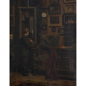 Oil On Canvas By Hw Cavatty, Young Child In Front Of A Portrait, 19th Century