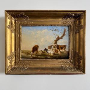 Oil On Panel, Cows Drinking, By Jean-baptiste Berré, 1830