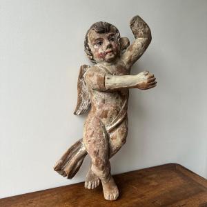 17th Century Polychrome Carved Wooden Cherub