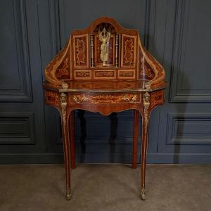 Late 19th Century Marquetry Lady's Desk In A Kidney Shape, Ornamented With Bronze