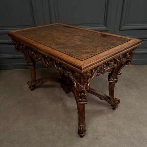 Center Table In 19th-century Italian Walnut Covered In Cordovan Leather