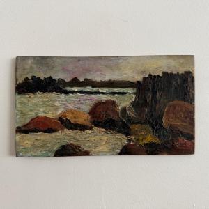 Oil On Panel Seaside Rocks By F. Viaus 20th Century