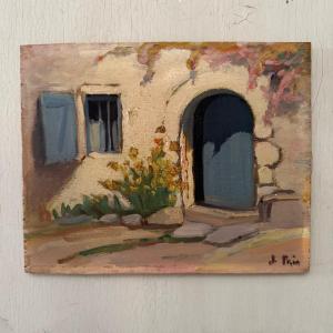 Oil On Panel By Jeanne Prin Façade Of A House In Bloom