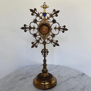 Reliquary In Gilded Brass, 19th Century, Decorated With Fleurs-de-lis