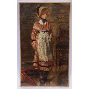 Oil On Canvas Portrait Of A Young Girl Standing In Period Costume
