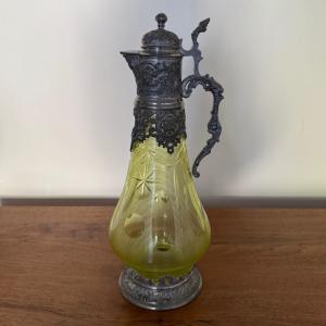 Late 19th Century Pewter And Crystal Decanter With Green Base