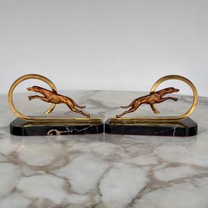 Pair Of Art Deco 1930 Bronze Bookends With Greyhound Design