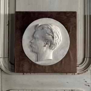 19th-century Plaster Bas-relief Of A Man With A Moustache, Velvet Frame