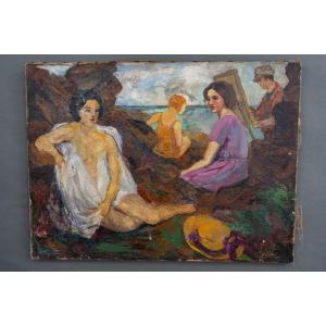 Oil On Canvas Beach Scene Easel Painter