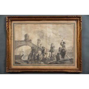 Eighteenth-century Drawing Of Horsemen Near A Bridge, Gilded Frame
