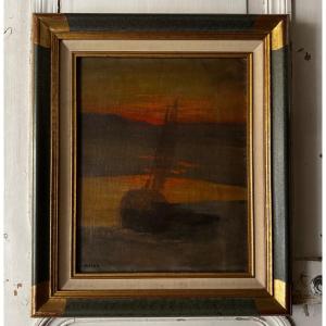 Oil On Canvas Boat At Sunset By Jean-yves Couliou 20th Century
