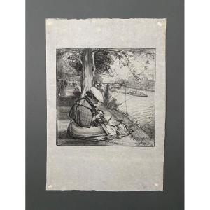 Countersigned Lithograph Of A Woman At Work In Front Of The Seine Early 20th Century