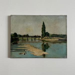 Oil On Canvas Depicting A River With A Bridge Early 20th Century