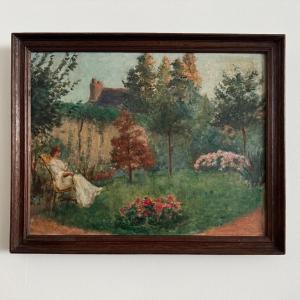 Oil On Canvas Park Scene With A Woman Sitting In An Armchair