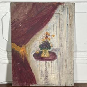 Oil On Cardboard Still Life With Curtain And Flowers 20th Century