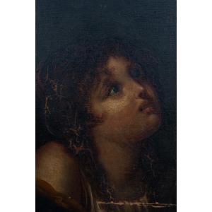 Portrait Of A Young Child In Bliss 18th Century On Wood Panel