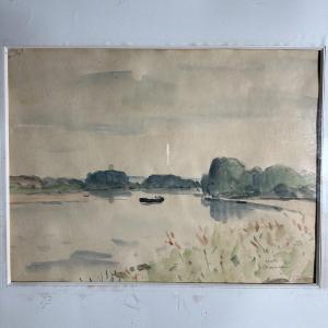 Watercolor On Paper Loire Landscape 1957 By Marcel Chesneau