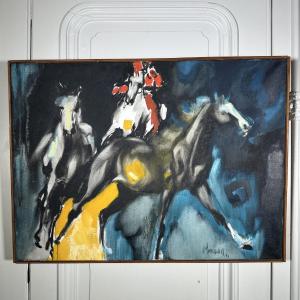 Oil On Canvas By Henri Yvergniaux Depicting Horses 1973