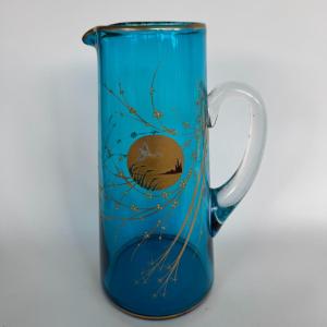 Blue-gold Enamelled Glass Pitcher With Japanese Bird And Branch Decoration