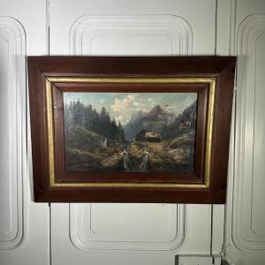 Oil On Canvas Mountain Landscape Late 19th Century Natural Wood Frame