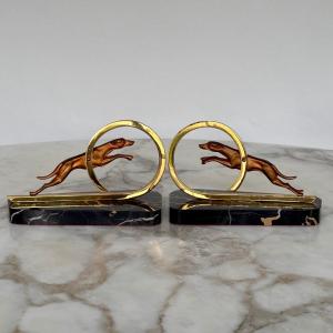 Pair Of Art Deco 1930 Bronze Bookends With Greyhound Design