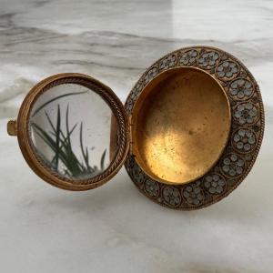 Powder Box In Gilded Metal Decorated With Micro-mosaics 19th Century