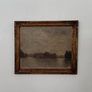 Oil On Panel By G. Finot An Islet On A Pond Early 20th Century