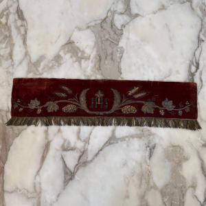 Antique Religious Valance In Red Velvet With Silver Thread Embroidery 