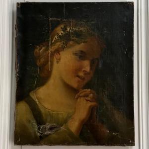Oil On Canvas Portrait From The Mid-19th Century Of A Young Girl At Prayer 