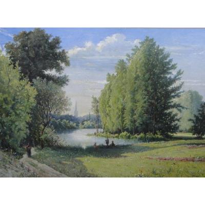 Watercolor Oil On Paper By Leconte De Roujou 1888 Landscape Park
