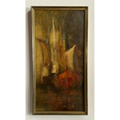 Oil On Cardboard By Bernardo Abstract Composition 1950