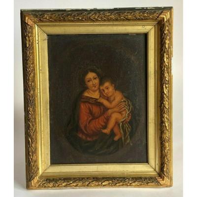 Oil On Panel Virgin Madonna XIX Eme Italian Work Golden Frame