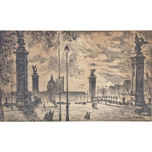 Paris Drawing View Of Pont Alexandre III By Yonosuke Hoshizaki 1951