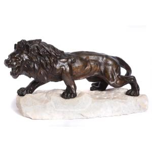 Roaring Bronze Lion On A Carrara Marble Base